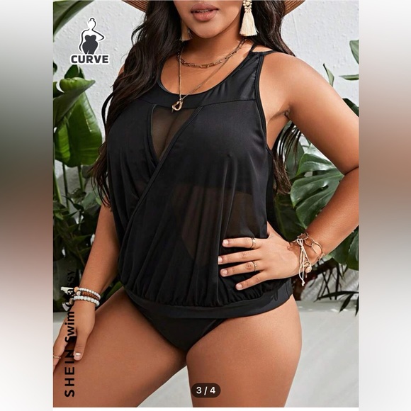 🍉Shein Swim Classy Plus solid contrast mesh bikini swimsuit, NWT, 1X, bla… - Picture 3 of 5